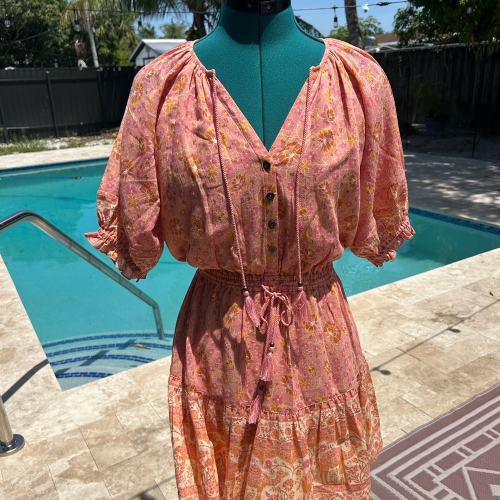 Spell Orange Pink Puff Sleeve Sundress